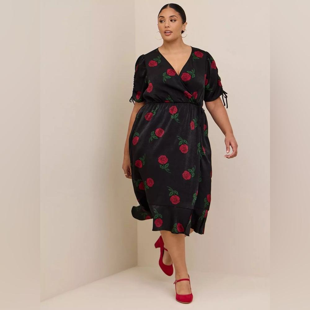 torrid Black Floral Wrap Midi Dress with Red Roses
